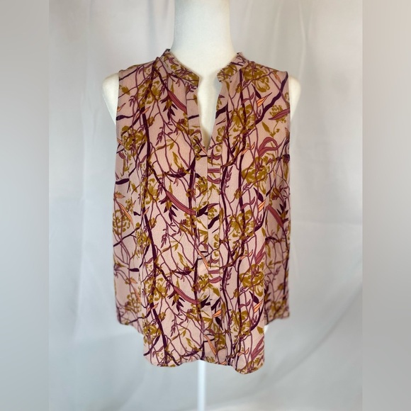 REWIND Floral Leaf Pink Mauve Tank Top Blouse Woman’s L V Neck Business Casual - Picture 1 of 12